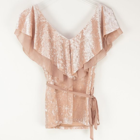 White House Black Market Velvet Ruffle Flounce Top Belted Blouse Pink Size XS - Picture 3 of 7
